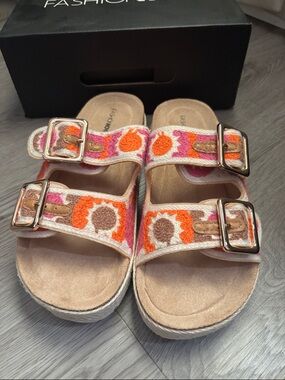 Fashion Nova Embroidered Floral Double-Buckle Sandals - Orange Pink